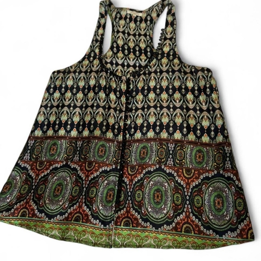 Indie Paisley 100% Silk Sleeve-less Razor Back Napoleon Style Button Down Size L - Picture 3 of 8